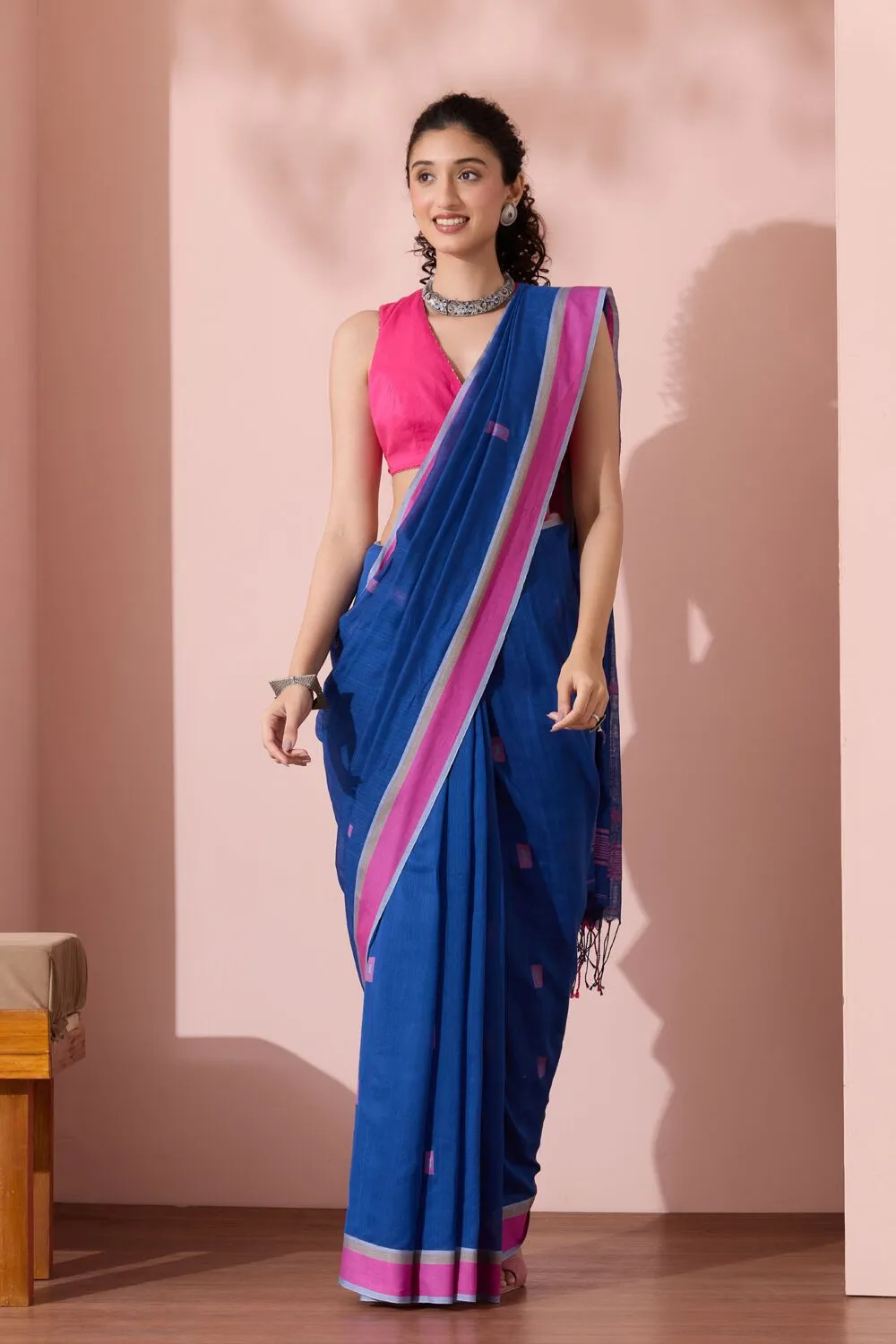 Dark Blue Woven Pure Cotton Bengal Saree